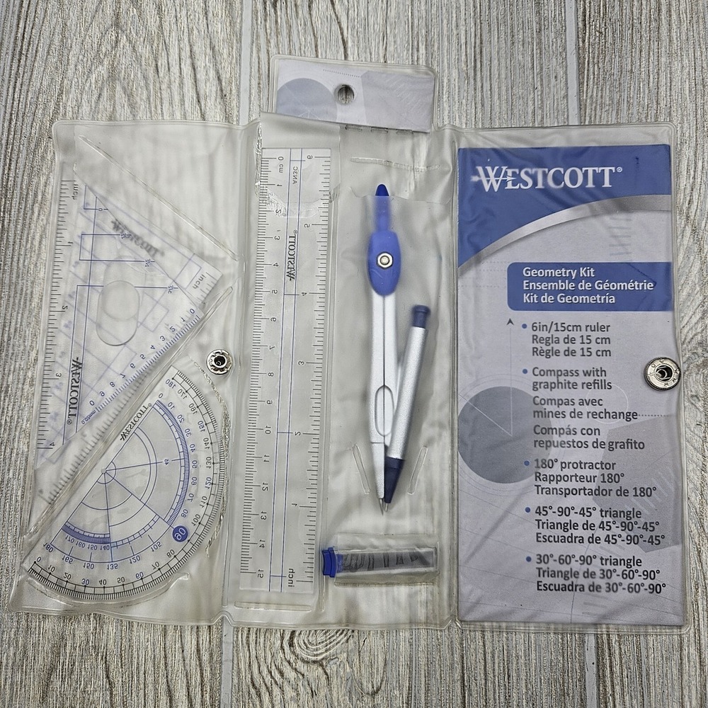 Westcott 14564 Geometry Set Kit Compass Protractor Triangles Ruler Storage Pouch - Picture 8 of 8